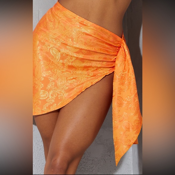 Orange Satin Printed Side Tie Asymmetric Mini Skirt - Picture 2 of 3